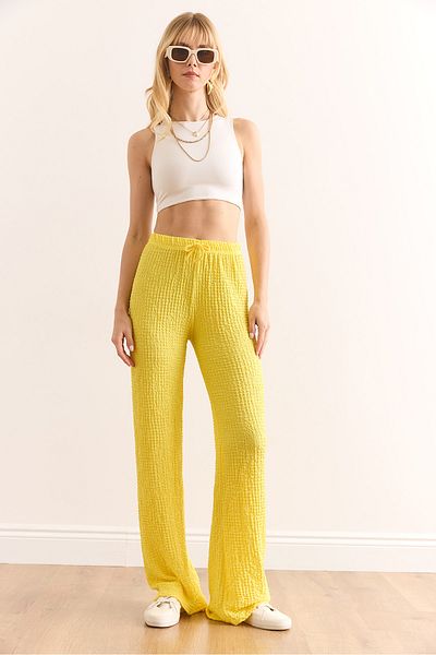 Olalook Women's Yellow Elastic Waist Textured Palazzo Trousers Pnt-19000338