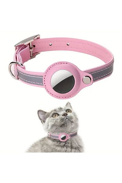 REDz Accessories Anti-Lost Collar, Small Animals, Airtag Holder, Reflective, Leather look, Pink/Gray