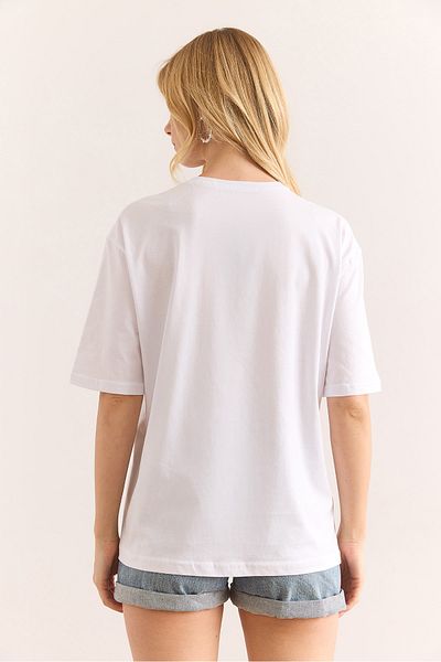 Olalook Tricou de damă din bumbac cu decolteu în formă de inimă cu detalii de piatră albă TSH-19000900