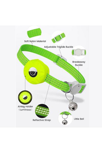 REDz Accessories Cat Collar with Case for Airtag, Reflective, Integrated Bell, Textile, Dark Green