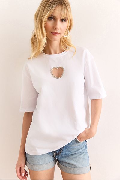Olalook Tricou de damă din bumbac cu decolteu în formă de inimă cu detalii de piatră albă TSH-19000900