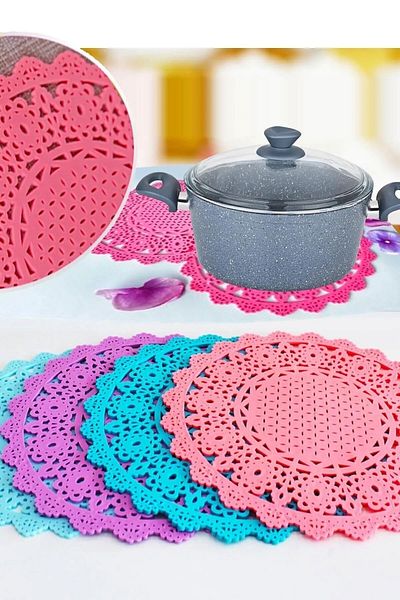 Hanedanev Silicone Trivet Set of 2 Colorful Lace Patterned Silicone Fireproof Trivet