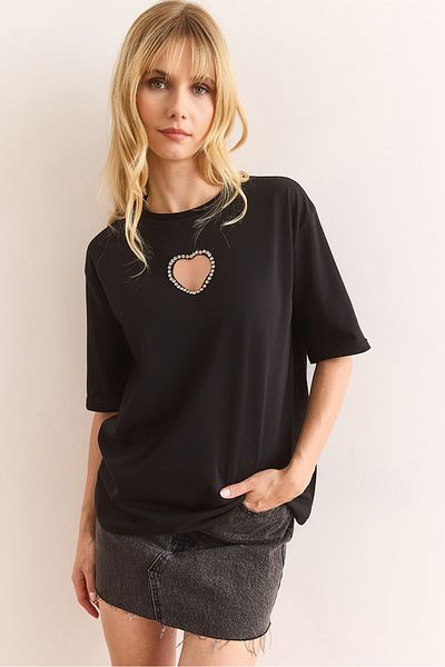 Olalook Women's Black Stone Detailed Heart Low-Cut Cotton T-Shirt Tsh-19000900