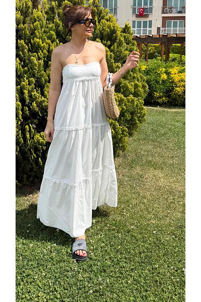 Daves Luxury Quality Woven Fabric Gimped Long Ruffle Dress-White