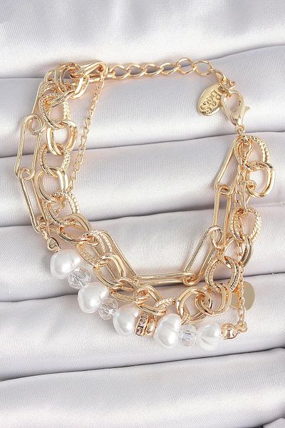 Clariss Brass Gold Color Multiple Chain Model Pearl Zircon Stone Detail Women's Bracelet