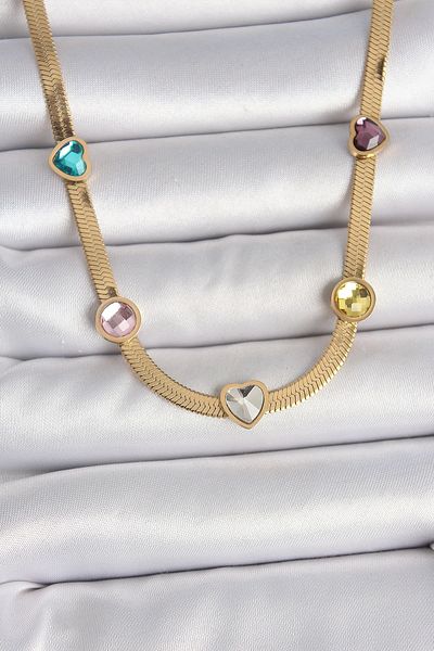 Clariss 316L Steel Gold Color Italian Chain Colorful Zircon Stone Heart Figure Women's Necklace
