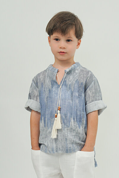 Catz Kids Beyaz Müslin Boyfriend Pantolon + Mavi Batik Desen Müslin İpli Gömlek