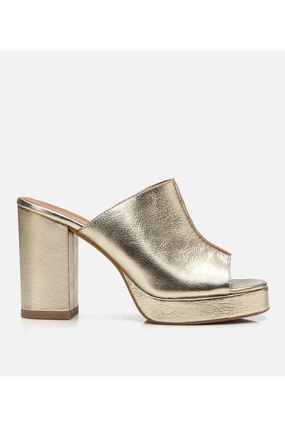 Hotiç Women's Leather Gold Thick Heeled Slippers