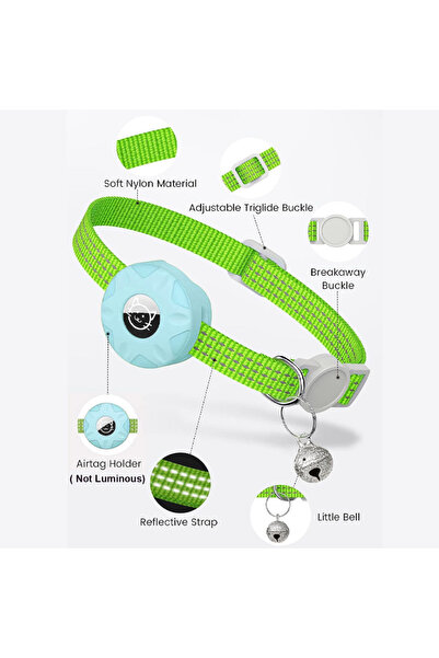 REDz Accessories Cat Collar with Airtag Case, Reflective, Integrated Bell, Textile, Light Green