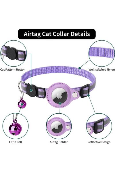 REDz Accessories Animal Collar for Airtag, Reflective, Bell, Textile, Lilac