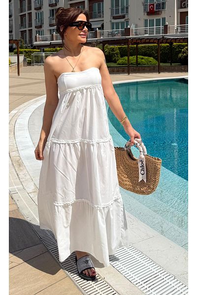 Daves Luxury Quality Woven Fabric Gimped Long Ruffle Dress-White