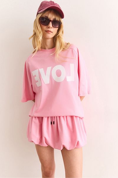 Olalook Women's Pink Love Printed Cotton Suit with Balloon Skirt Tkm-19000381