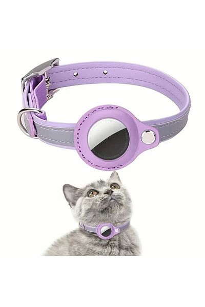 REDz Accessories Anti-lost Collar, Small Animals, Airtag Holder, Reflective, Leather Look, Purple/gray