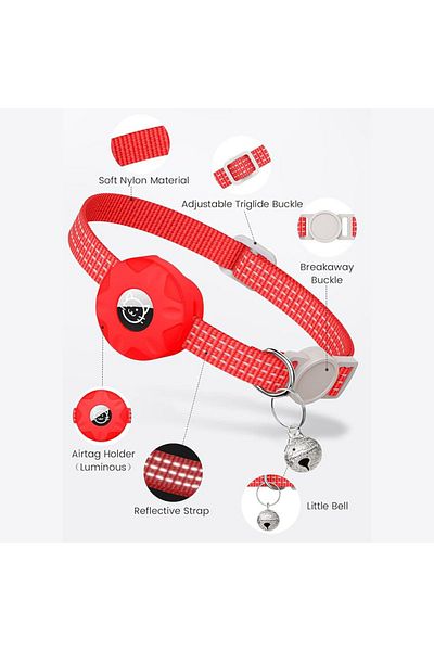 REDz Accessories Cat Collar with Case for Airtag, Reflective, Integrated Bell, Textile, Red