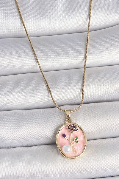 Clariss 316L Steel Gold Color Chain Pink Flower Embroidered Pearl Detail Portrait Model Women's Necklace