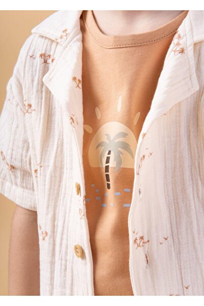 Magu Boy's Cotton Ecru Floral Patterned Shirt, Shorts and T-Shirt 3-Piece Set - Summer Comfortable Combination