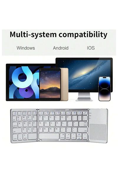 REDz Accessories Mini Tri-Fold Keyboard, Bluetooth, Smart Touch Pad, 48-hour Battery Life, Slim and Foldable, White