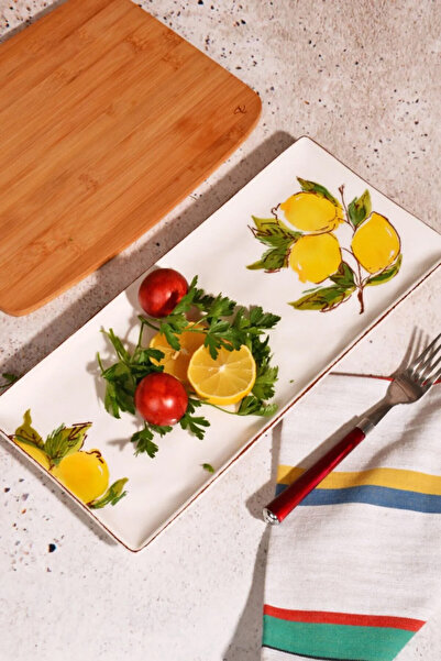 Home Lemon Patterned Handmade Ceramic Plate - Presentation Serving Plate 36X17 cm