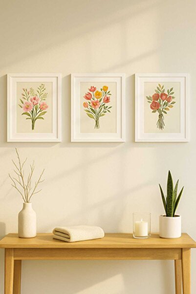 Tuğra Sanat Galerisi Camlı 3’lü Dekoratif Tablo Seti 25x30 Beyaz Çerçeve Ve P...