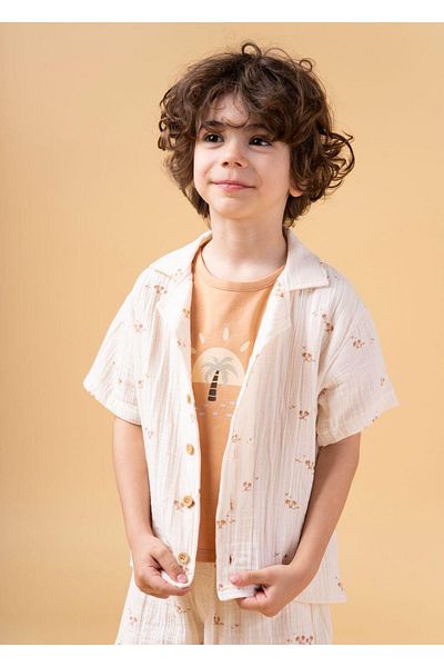 Magu Boy's Cotton Ecru Floral Patterned Shirt, Shorts and T-Shirt 3-Piece Set - Summer Comfortable Combination