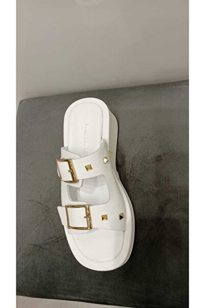 Mammamia 1545 Real Leather Troc Detailed Buckle Banded Flat Sole Orthopedic Women's Slippers