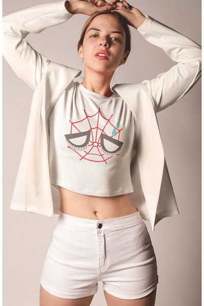 Fuddy Moda Θλιμμένο Spider Face Printed Crop Top, Γυναικεία Crop Μπλούζα με θέμα Spider Universe