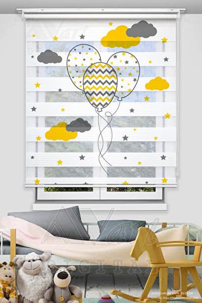 Avart Digital Uçan Balon Ve Bulut Baskılı Çocuk Odası Perdesi - Baskılı Zebra...
