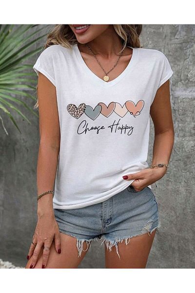 khufu V-NECK HAPPY CHOOSE HAPPY Μπλουζάκι με στάμπα με τάση Oversize