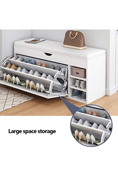 1st 100x50x34 Shoe Cabinet with Flip-Top Drawer and Padded Leather Seat with Side Shelves White