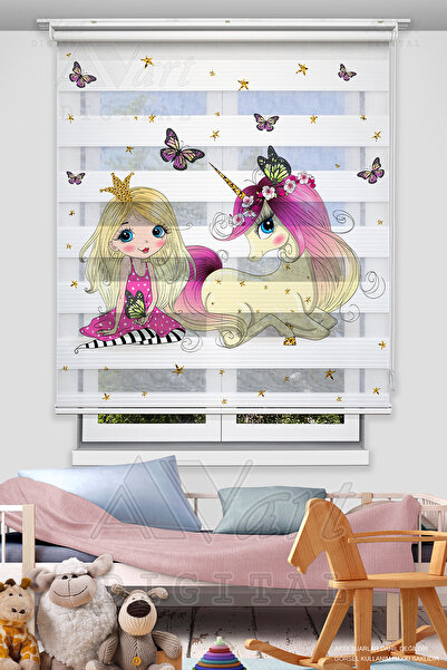Avart Digital Prenses Ve Unicorn Baskılı Çocuk Odası Perdesi - Baskılı Zebra ...