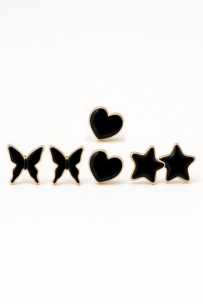 MakeWell 925S Silver Needle Star Heart & Butterfly Design Blue Red Brown Black Stud Earrings