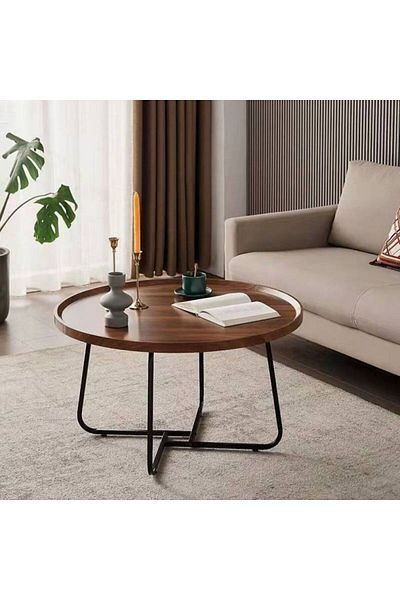 1st Round Coffee Table with Metal Base and Water and Heat Resistant Top - Brown and Black 70*46