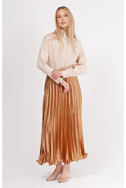 GAVLİA Satin Orange Pleated Long Skirt