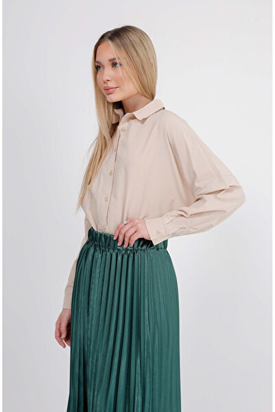 GAVLİA Satin Emerald Green Pleated Long Skirt