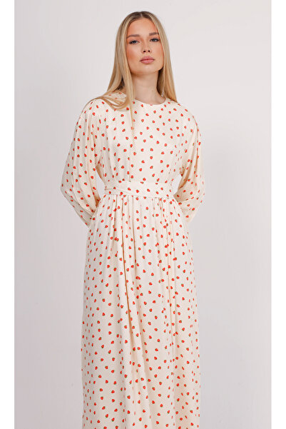 GAVLİA Φόρεμα με ζώνη με σχέδιο φράουλα σε κρεμ χρώμα