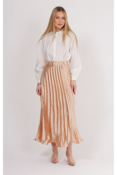 GAVLİA Σατέν Μπεζ Πλισέ Μακριά Φούστα