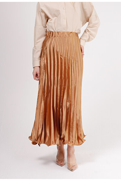 GAVLİA Satin Orange Pleated Long Skirt