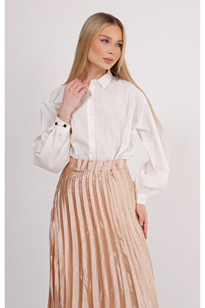 GAVLİA Σατέν Μπεζ Πλισέ Μακριά Φούστα