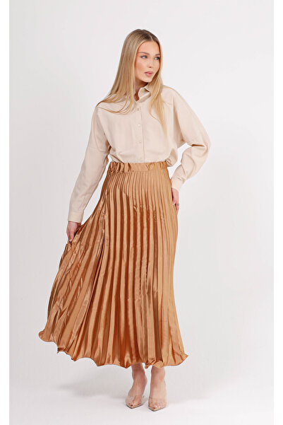 GAVLİA Satin Orange Pleated Long Skirt