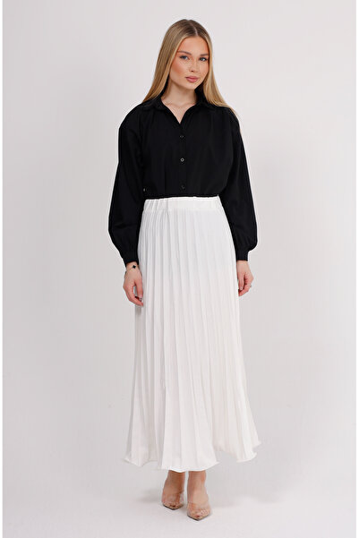 GAVLİA Satin White Pleated Long Skirt