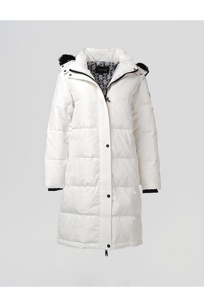 Kayra Quilted Stand Collar Hooded Fur Coat Optical White
