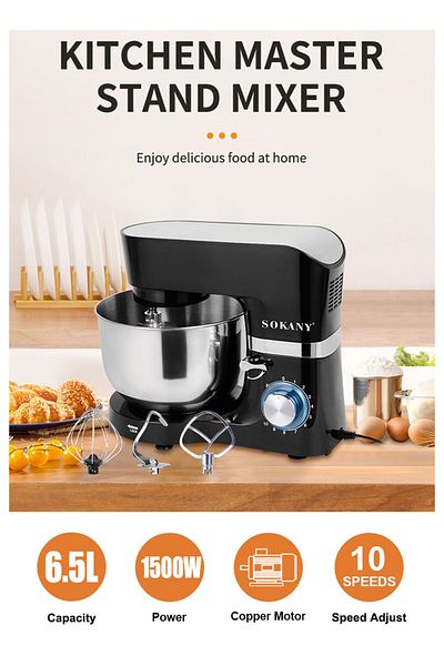 SOKANY Electric Stand Mixer 6.5L, 10 Speed+Pulse, S/S Bowl, 3 Tools: Beater, Whisk, Dough Hook SK-270 Black