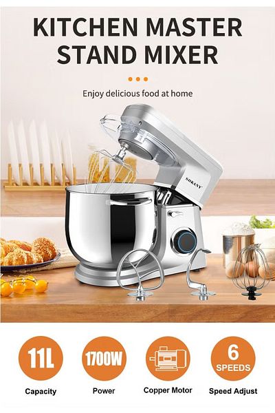 SOKANY Electric Stand Mixer, 6-Speeds Kitchen Machine 1700W with 11L Stainless Steel Bowl,Y-Stirrer,Silver
