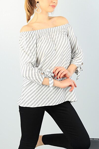 As Collection Γυναικεία λευκή κρεμ μπλούζα με κορδόνια με υφαντό μανίκι