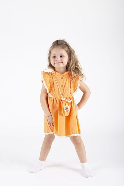 Nehirim Kids Girl's Bag and Lace Short Sleeve Summer Salopet Orange Dress (2-3-4-5 Years)