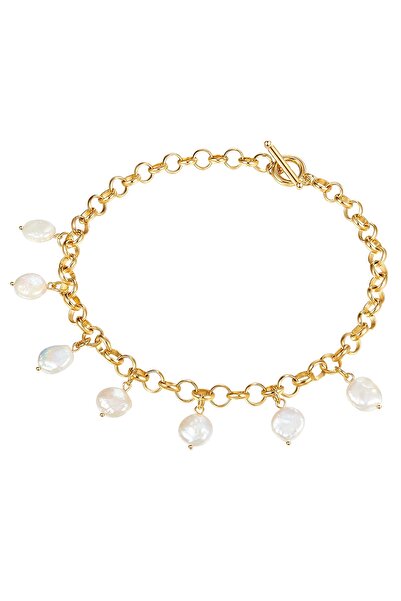 Lulu & Jane Modeschmuckhalskette Kette gelbgold Süßwasser-Zuchtperle weiß