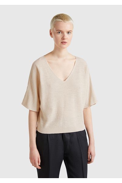 United Colors of Benetton Women's Stone Color Cotton and Linen Blended Striped Seamless V-Neck Short Sleeve Top