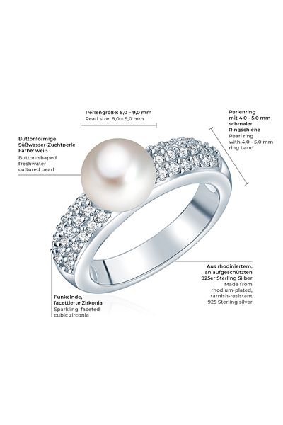 Valero Pearls Perlenring Ring Sterling Silber Süßwasser-zuchtperle Weiß Zirkonia Weiß