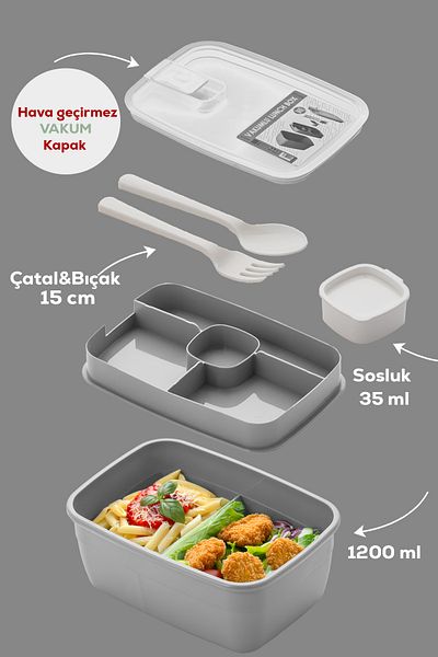 Porsima 3194 Vacuum Self-Feeding Lunch Box with Spoon, Fork and Sauce Bowl - 2-Tier Lunch Box - Lunch Box