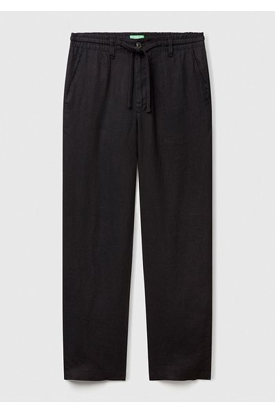United Colors of Benetton Men's Black 100% Linen Waist Drawstring Trousers